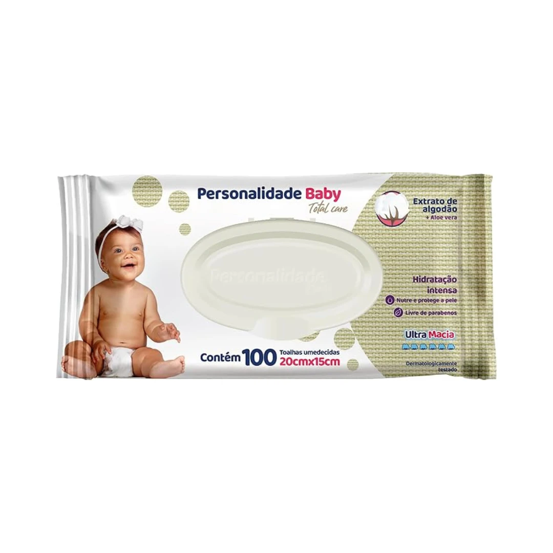 Toalha Umedecida Personalidade Baby Total Care Extrato de Algodão e Aloe Vera Ultra Macia 100 unidades 20X15cm